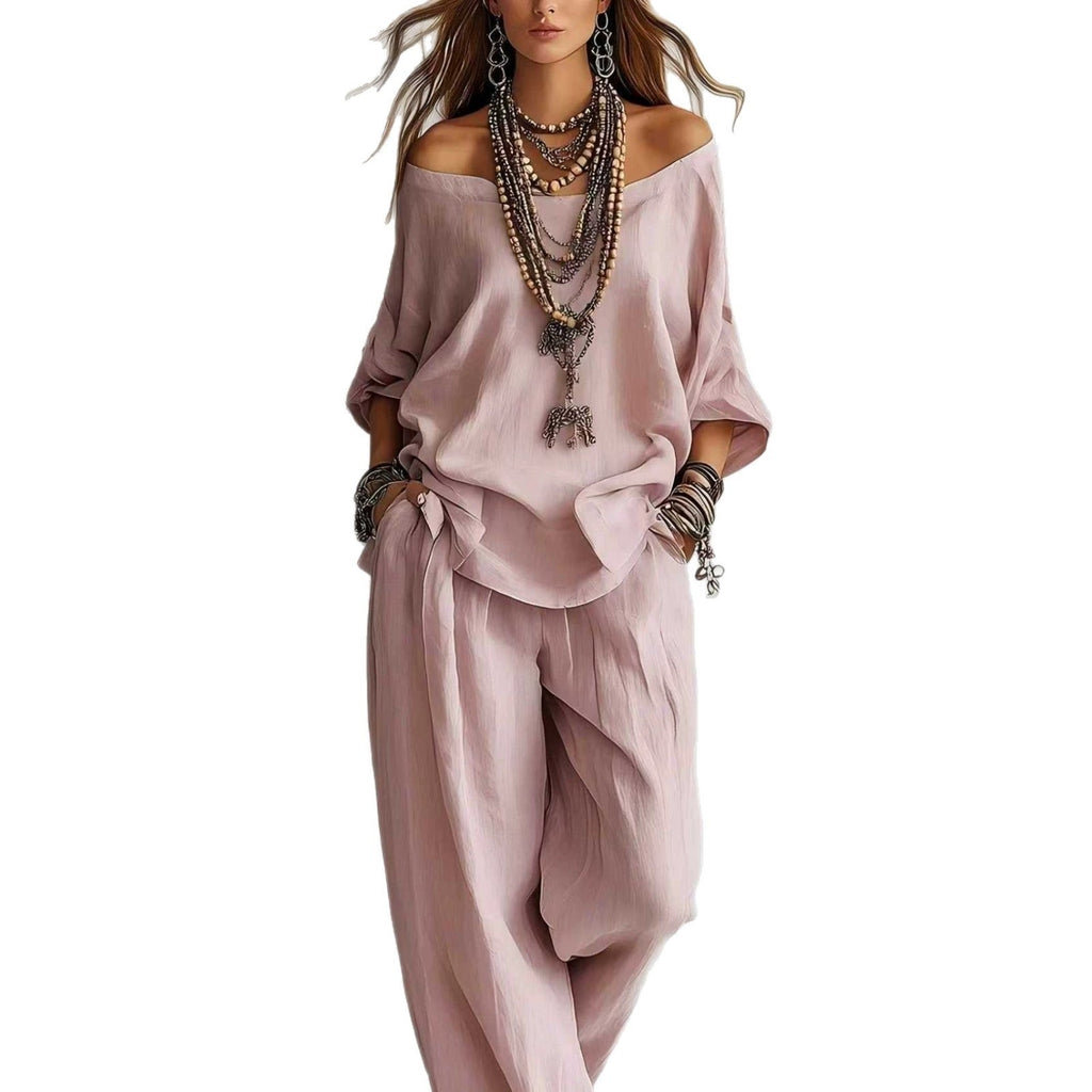 Women's Casual Lightweight Lounge Set with Off-the-Shoulder Neckline and Palazzo Pants