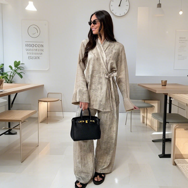 Women's Casual Kimono Pantsuit with Tie Belt