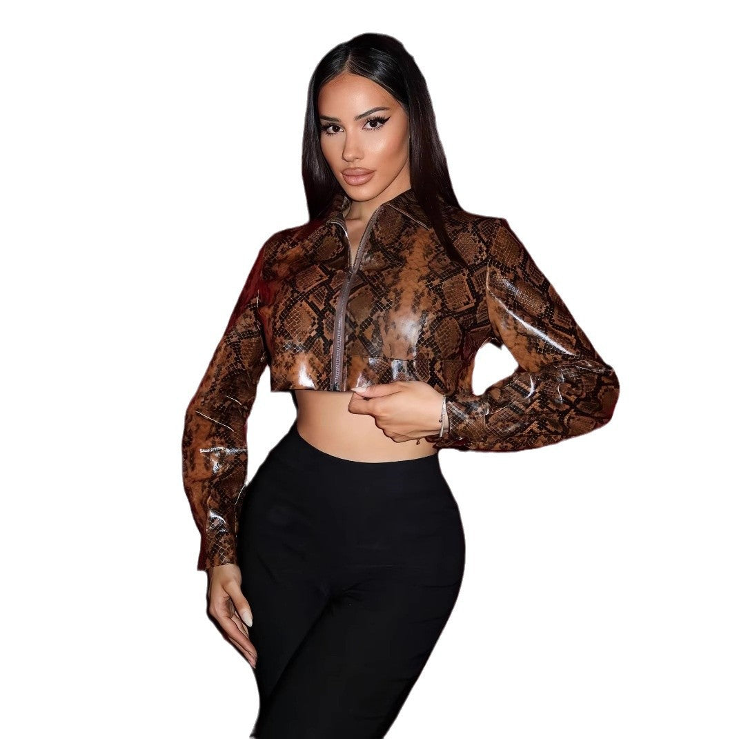 Women's Cropped Faux Leather Jacket with Snake Print