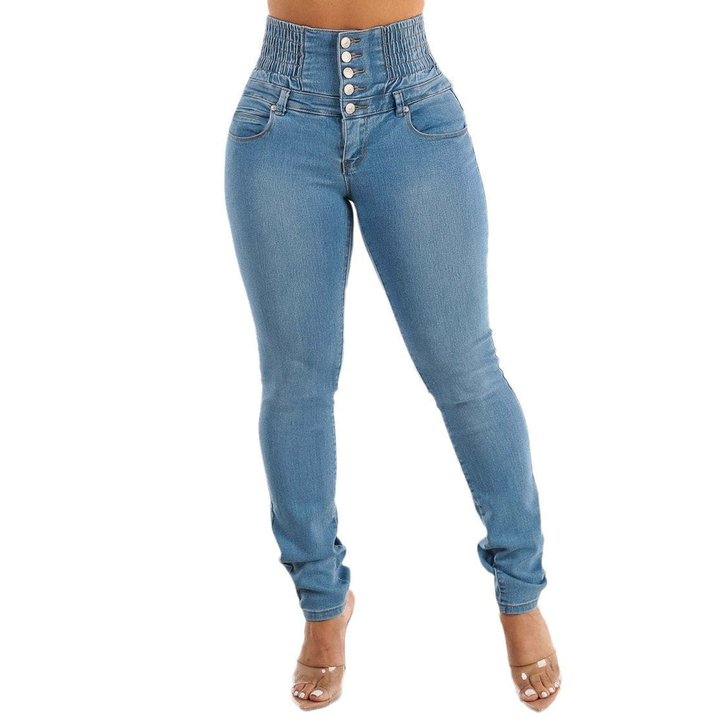 High-Waist Skinny Jeans with Elastic Waist and Decorative Buttons