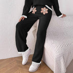 Women's Comfortable Knit Pants with Floral Appliqué Design