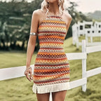Women's Floor-Length Summer Dress with Ethnic Pattern and Tassels