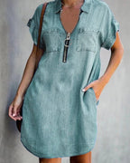 Women's Chambray Dress with Zipper and Pockets
