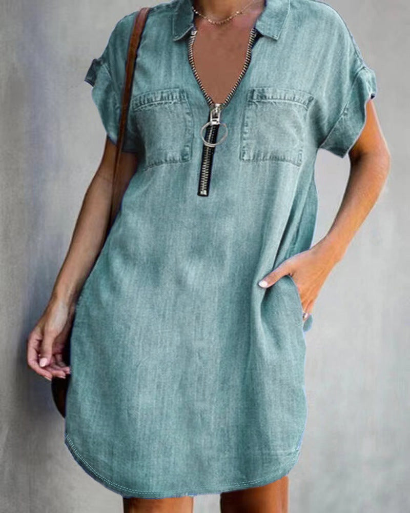 Women's Chambray Dress with Zipper and Pockets