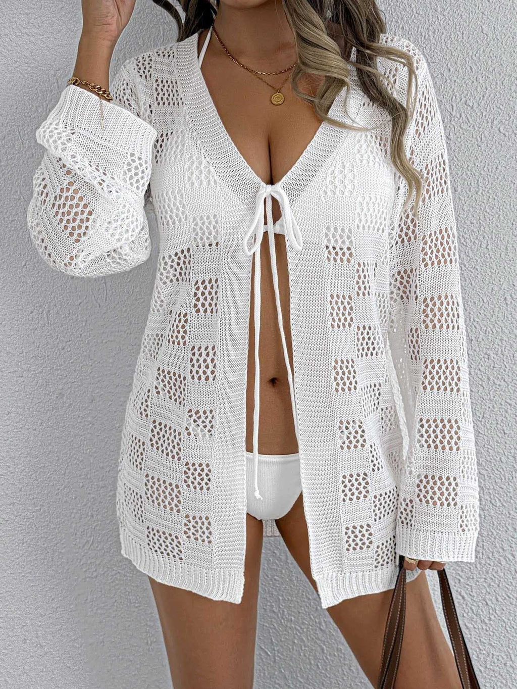 Women's Crochet Swim Cover-Up with Tie Belt