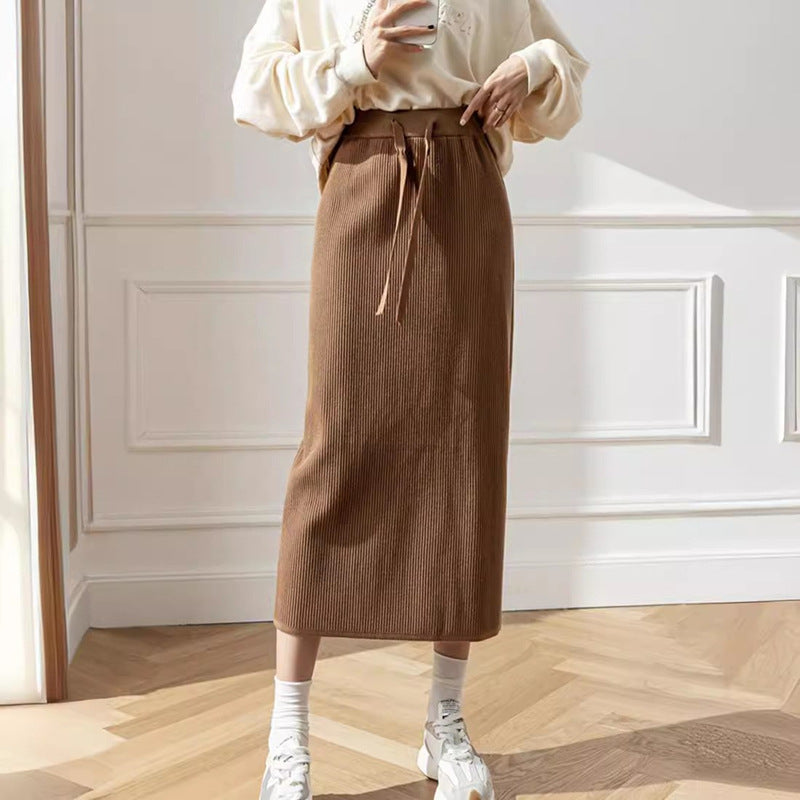 Women's Midi Skirt with Waist Tie and Ribbed Design