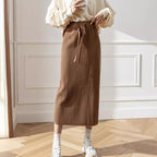 Women's Midi Skirt with Waist Tie and Ribbed Design
