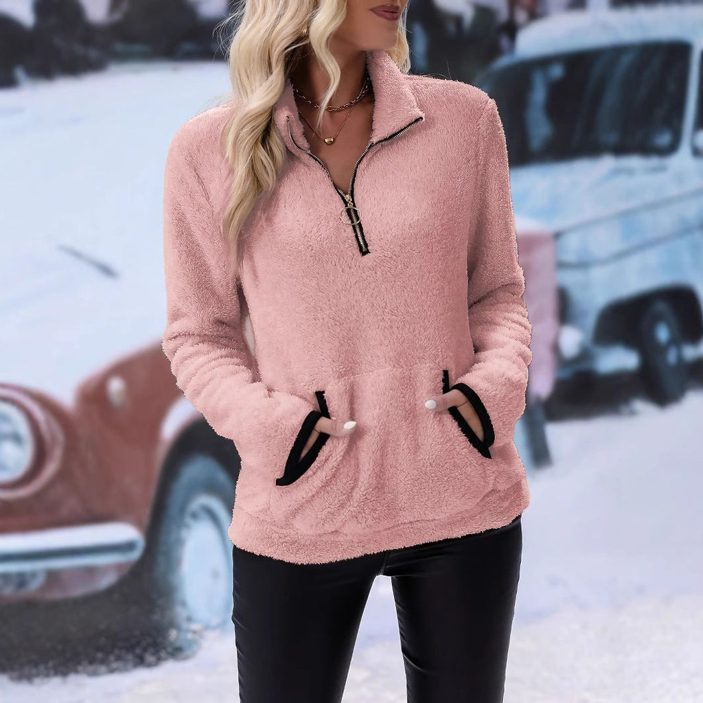 Women's Fleece Pullover with Stand-Up Collar and Zipper