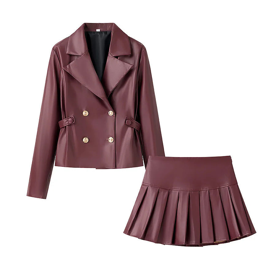 Women's Fashionable Faux Leather Blazer and Skirt Set