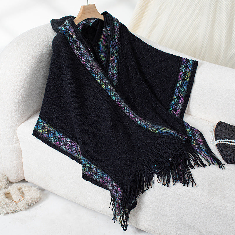 Elegant Women's Poncho with Textured Design and Fringe