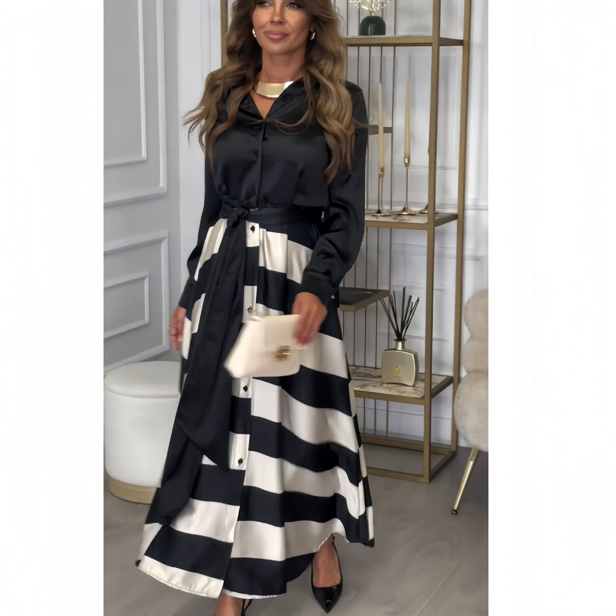 Women's Elegant Blouse and Skirt Ensemble with Side Tie Belt
