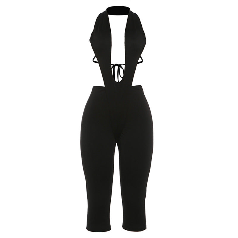 Women's Form-Fitting Deep V-Neck Jumpsuit with Tie Belt