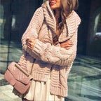 Women's Chunky Knit Cardigan in Relaxed Oversized Style with Shawl Collar and Large Pockets