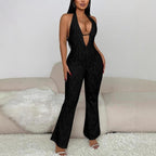 Elegant Jumpsuit with Deep V-Neck and Lace Details