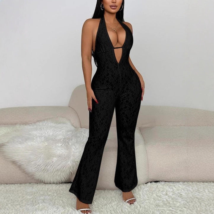 Elegant Jumpsuit with Deep V-Neck and Lace Details