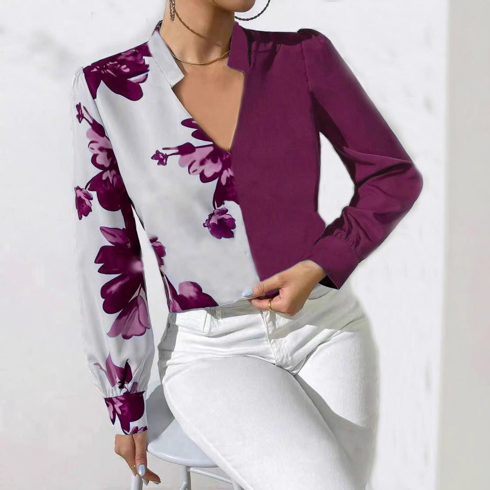 Women's Blouse with Unique Floral Pattern and Elegant V-Neck