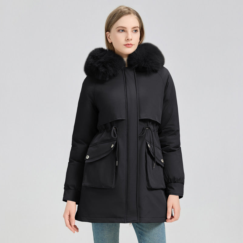 Women's Fashionable Puffer Jacket with Detachable Faux Fur Collar and Functional Pockets