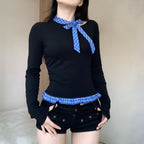Women's Long-Sleeve Blouse with Plaid Collar and Ruffle Hem