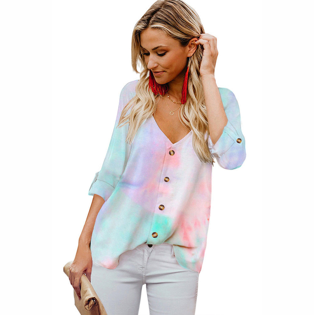 Casual Women's Blouse with Colorful Gradient and Roll-Up Sleeves