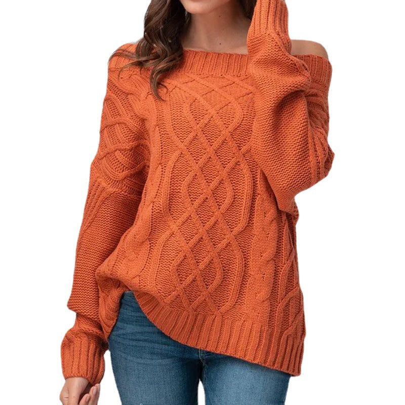 Women's Chunky Knit Sweater with Asymmetrical Neckline and Cable Pattern