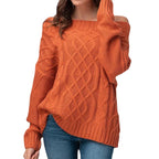 Women's Chunky Knit Sweater with Asymmetrical Neckline and Cable Pattern