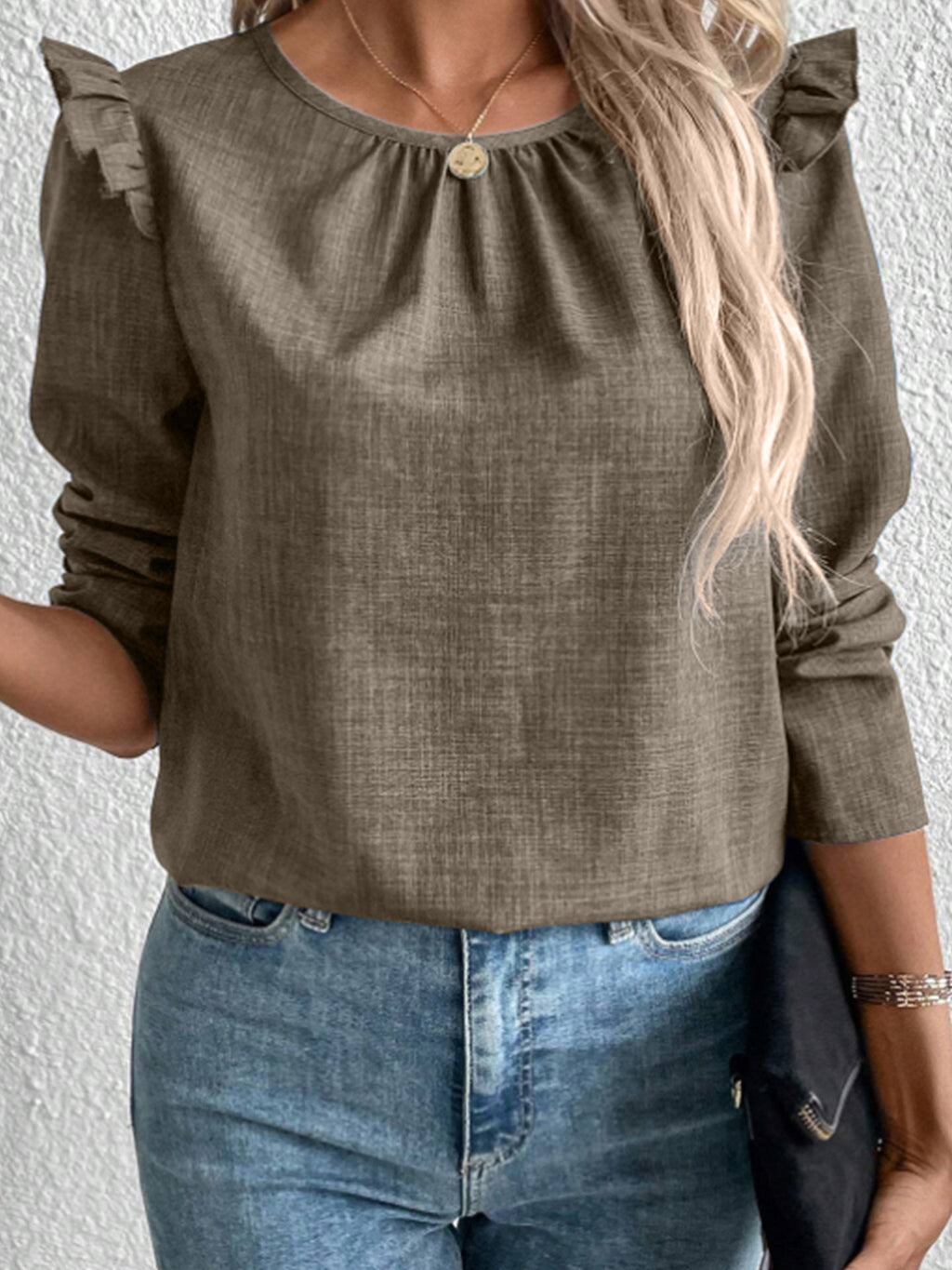 Elegant Blouse with Ruffle Details and Round Neckline