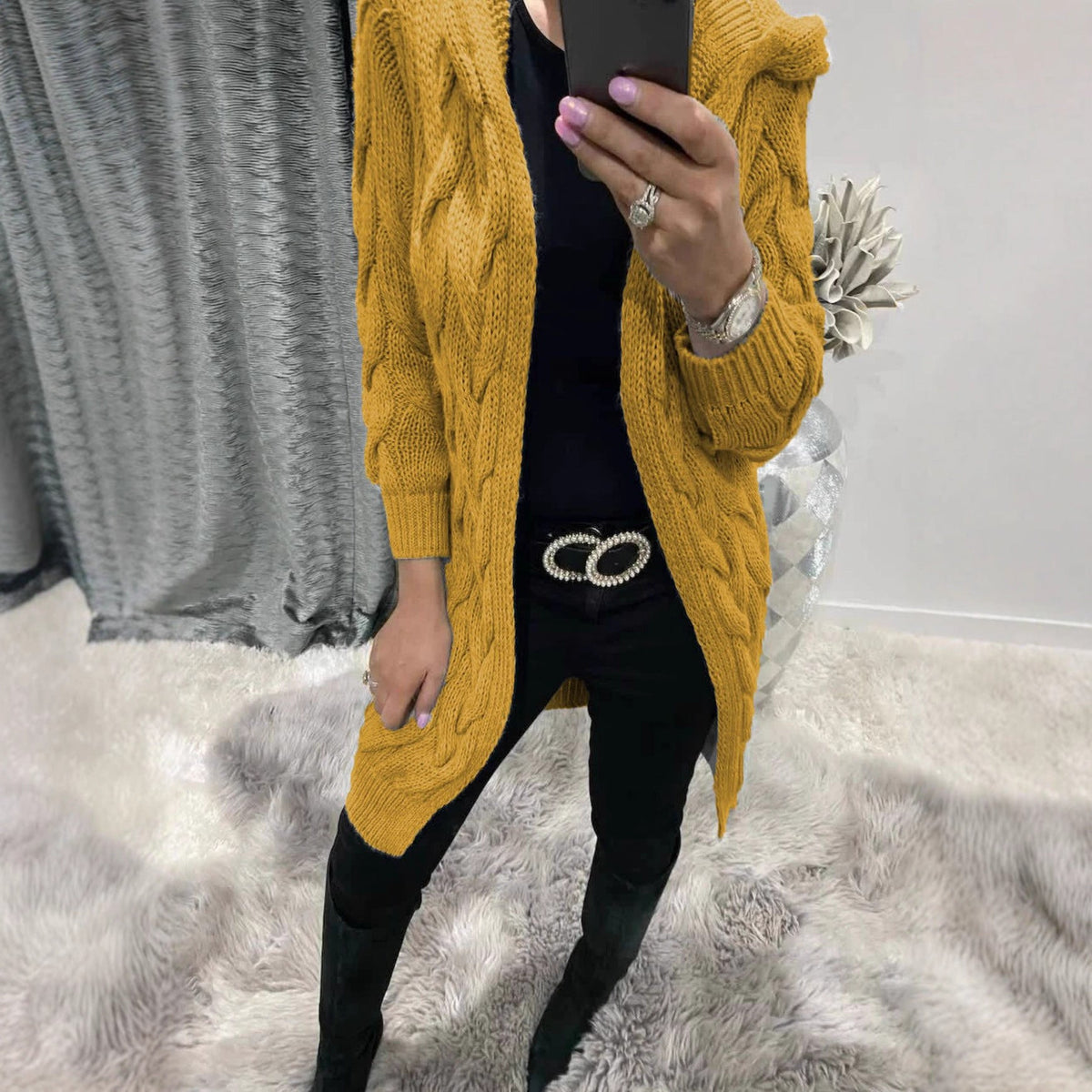 Women's Chunky Knit Cardigan with Hood and Cable Knit Pattern