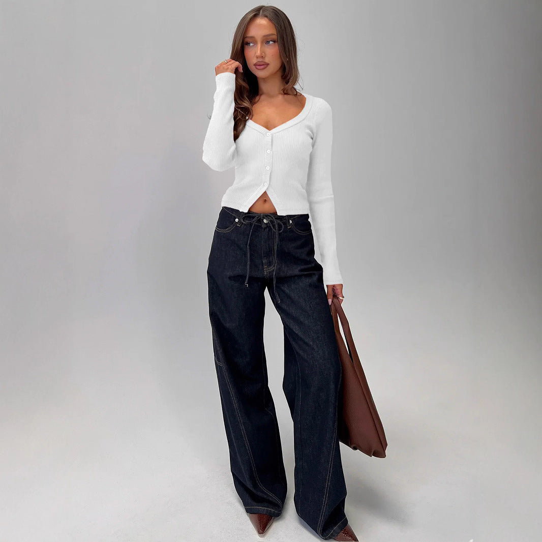 Women's Elegant Ribbed V-Neck Cardigan with Button Placket