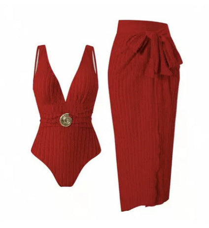 Women's Swimsuit with Feminine Wrap Skirt and Elegant Jewelry Detail