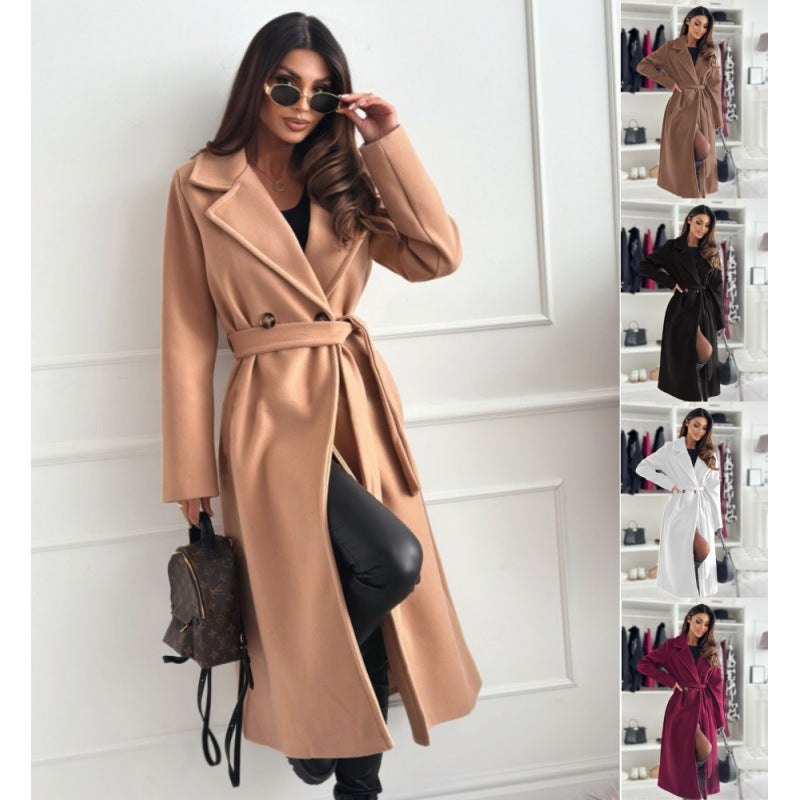 Women's Elegant Tailored Trench Coat with Closed Collar and Belt