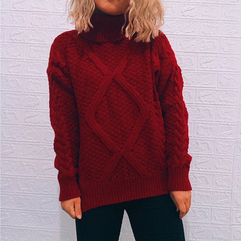Women's Chunky Knit Sweater with Cable Pattern and High Collar
