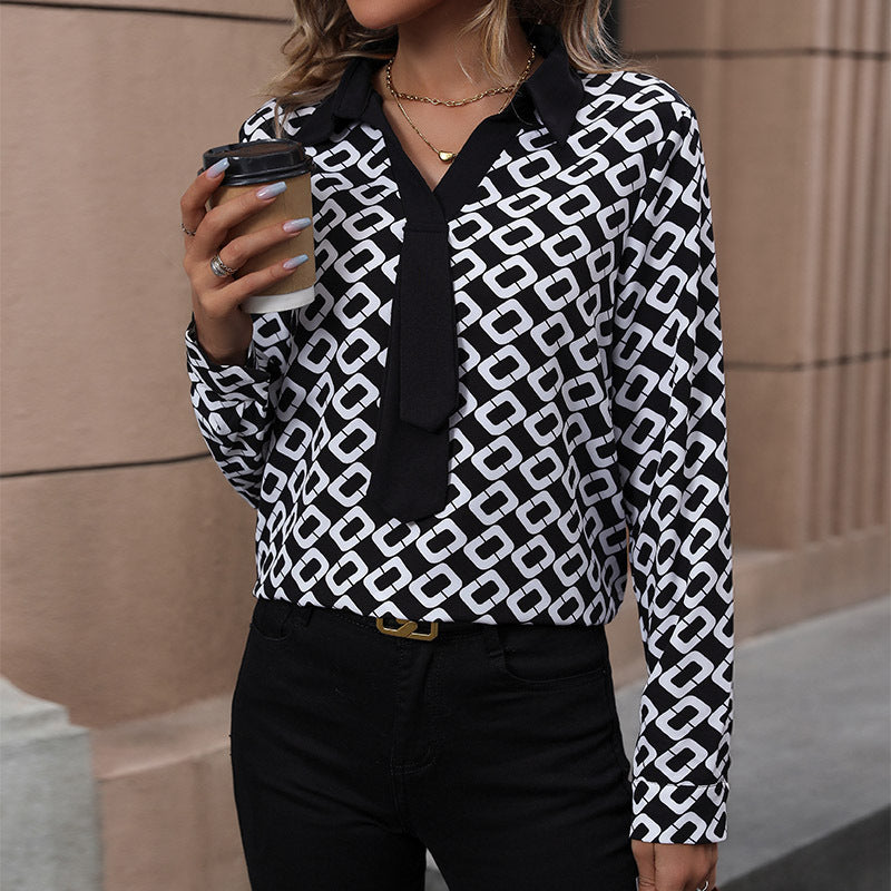 Women's Elegant Blouse with Modern Graphic Pattern and Tie Closure