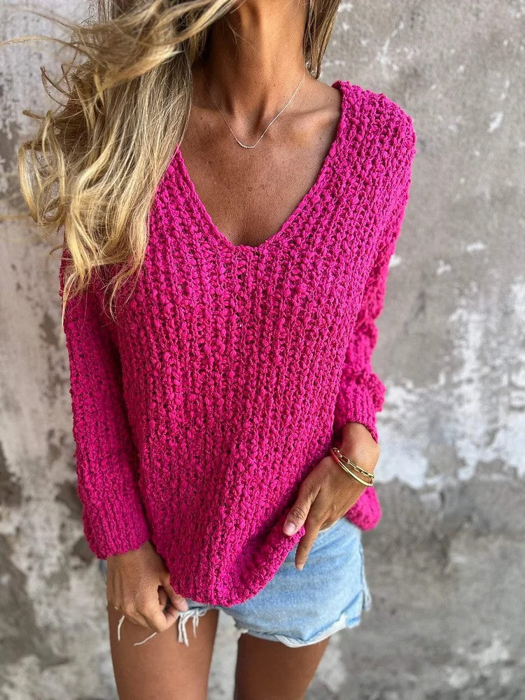 Women's Comfortable Textured V-Neck Long Sleeve Sweatshirt