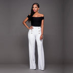 Women's High-Waisted Palazzo Pants with Decorative Buttons