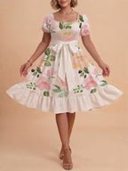 Women's A-Line Dress with Floral Motifs and Adjustable Belt