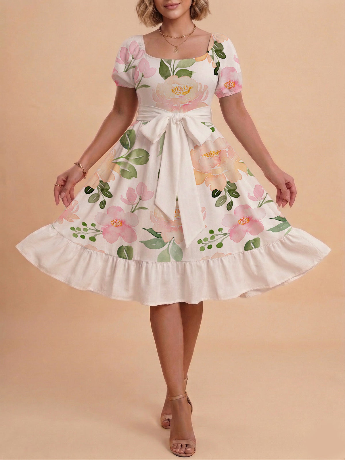 Women's A-Line Dress with Floral Motifs and Adjustable Belt