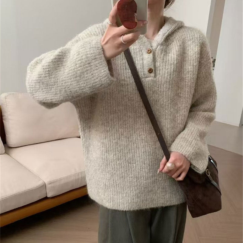 Women's Comfortable Knit Sweater with Button Placket and Hood