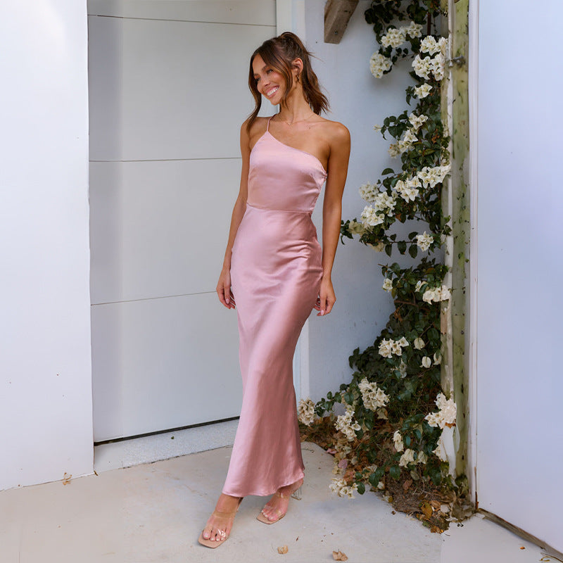Women's One-Shoulder Satin Maxi Dress with Elegant Drape