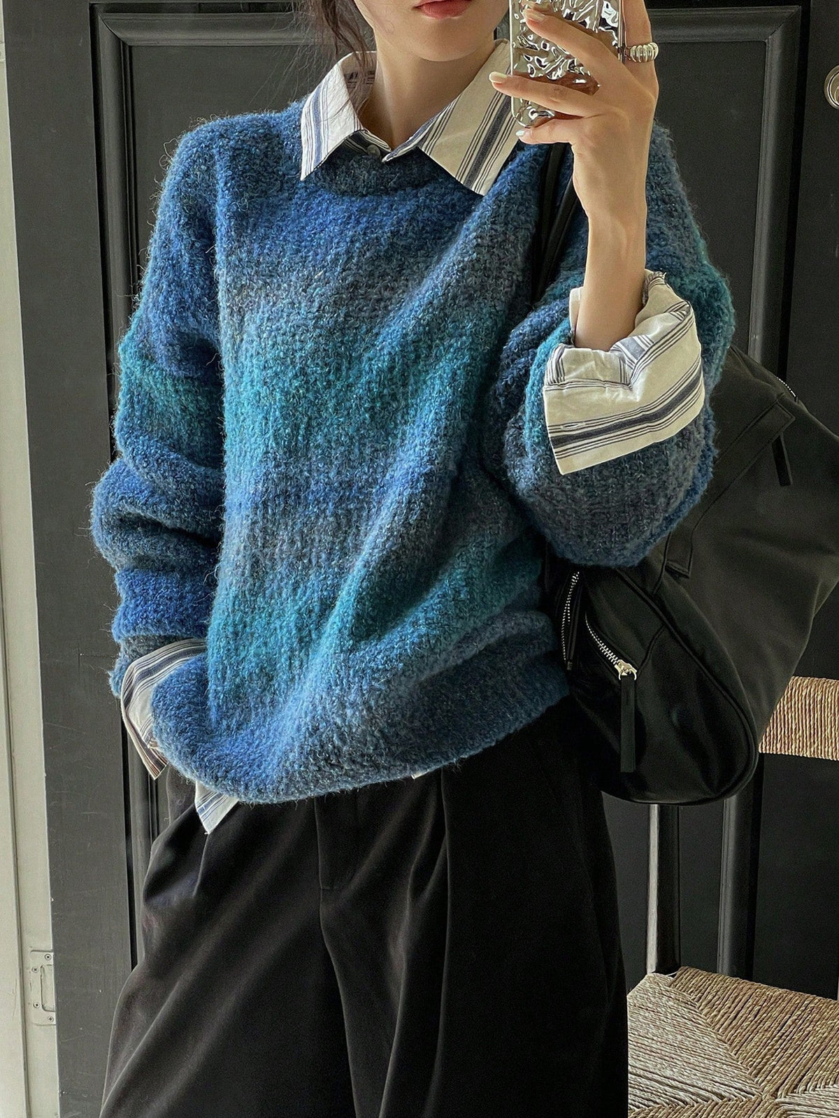Women's Fluffy Sweater with Textured Gradient and Loose Fit