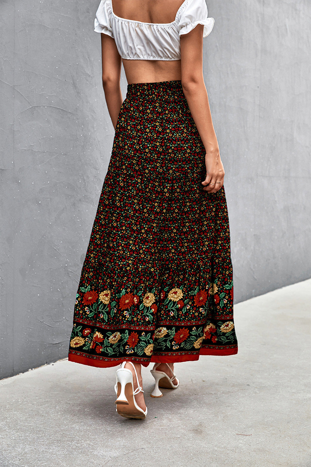 Floral Pattern Maxi Skirt with Elastic Waistband