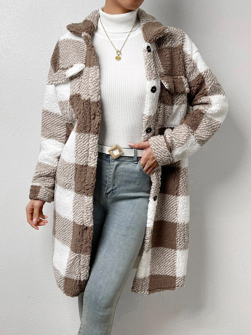 Women's Cozy Plaid Coat with Soft Lining and Button Placket