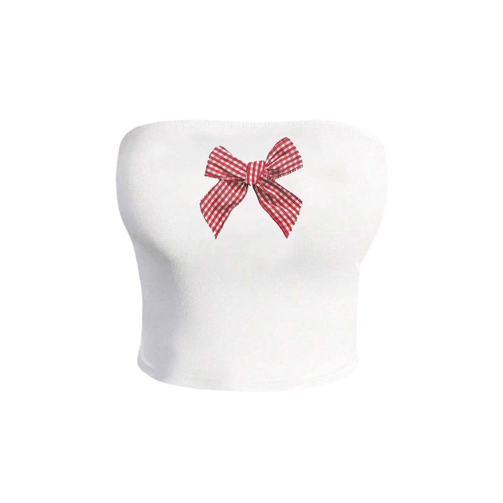 Women's Plaid Bandeau Top with Decorative Bow
