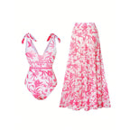 Women's Swimsuit with Floral Design and Matching Skirt