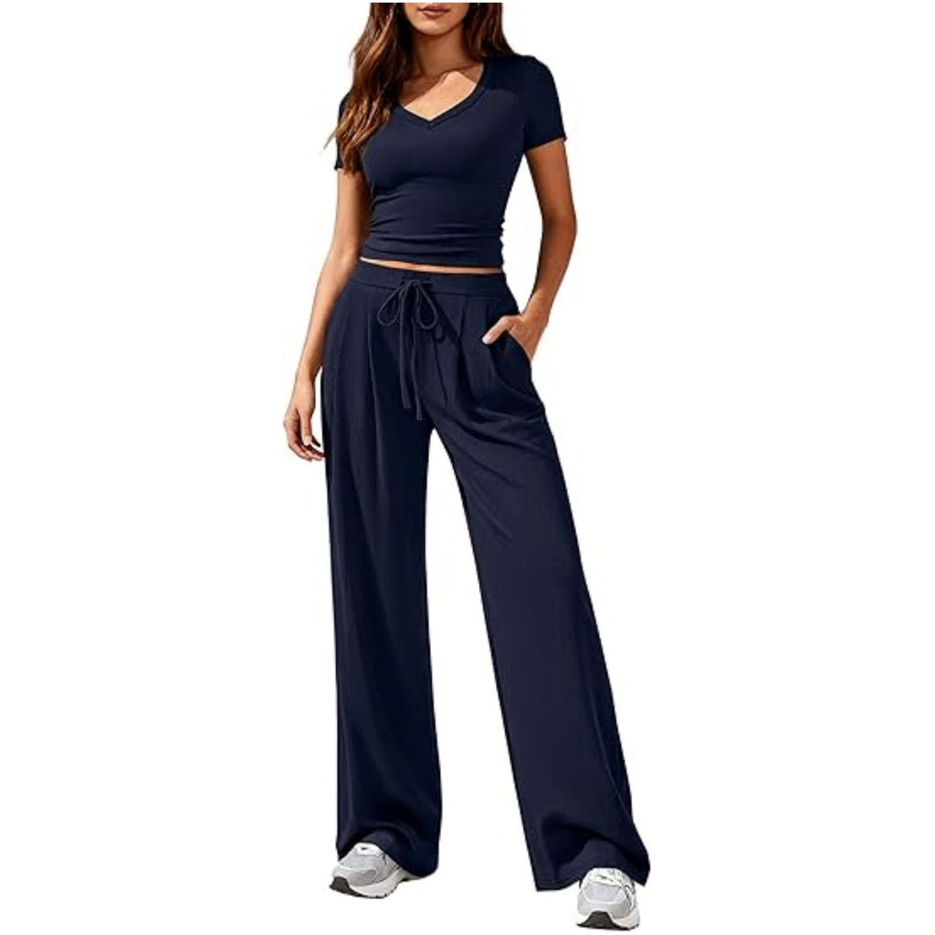 Ladies Casual Lounge Set with Tailored V-Neck Cropped Top and Loose Drawstring Pants