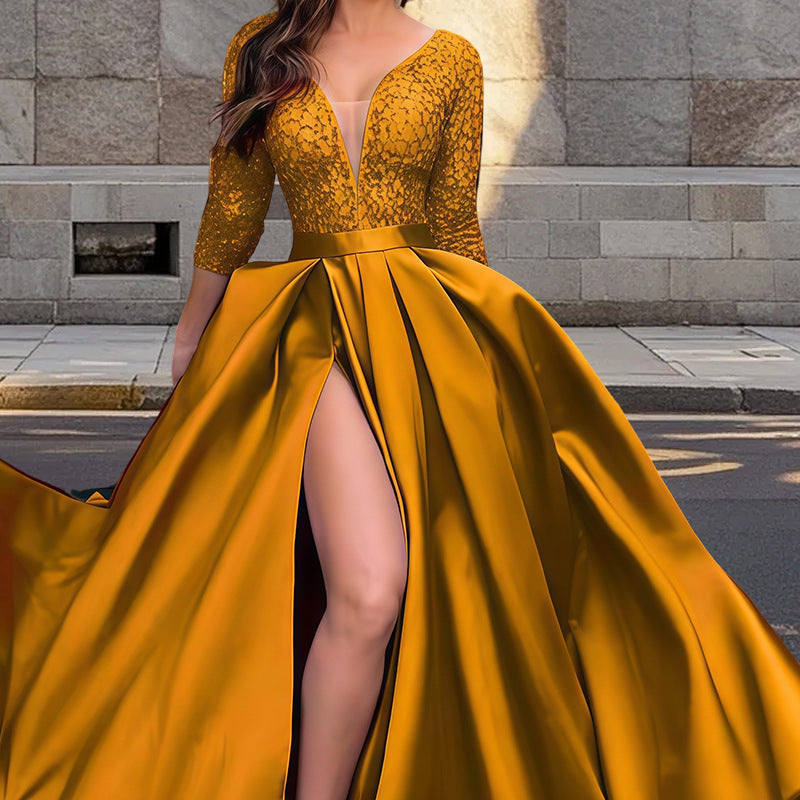 Elegant Evening Dress with Deep V-Neck and Side Slit