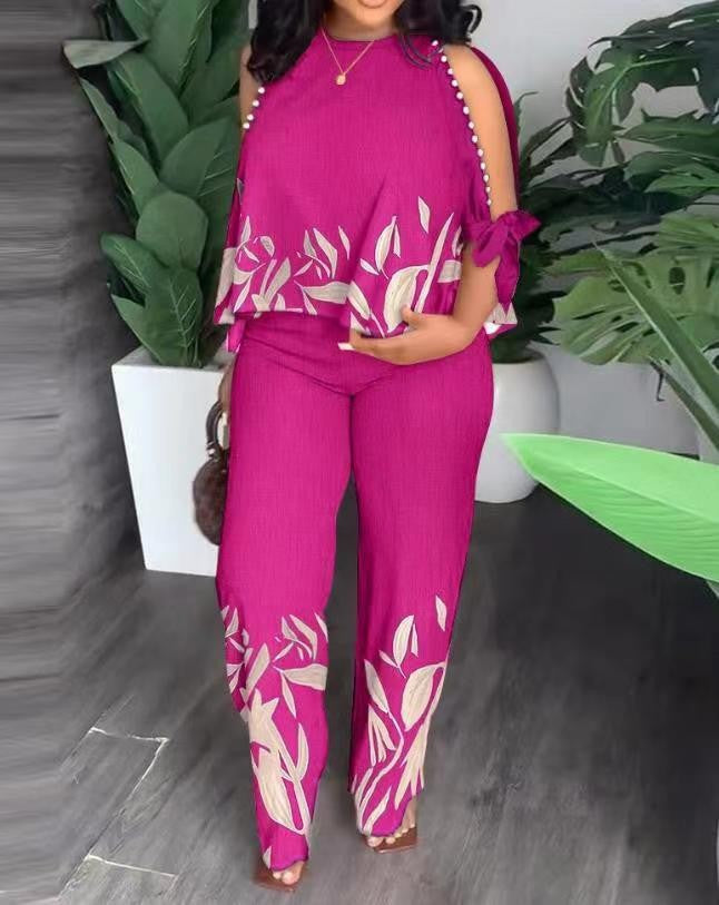 Women's Summer Outfit with Floral Design and Off-Shoulder Top