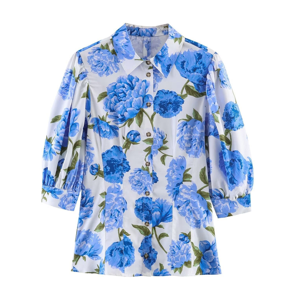 Women's Floral Blouse with Elegant Puff Sleeves