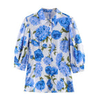 Women's Floral Blouse with Elegant Puff Sleeves