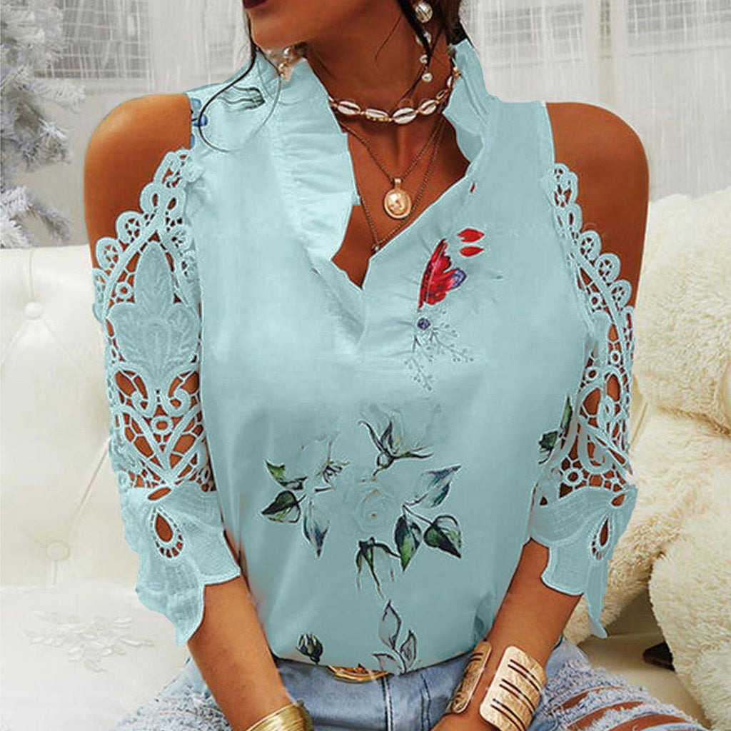 Women's Blouse with Cut-Out Sleeves and Floral Design