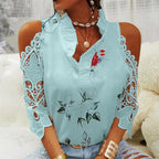 Women's Blouse with Cut-Out Sleeves and Floral Design